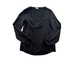 Akris Punto Silk Beaded V-Neck Blouse Size 6 Black Side Zip Business Chic